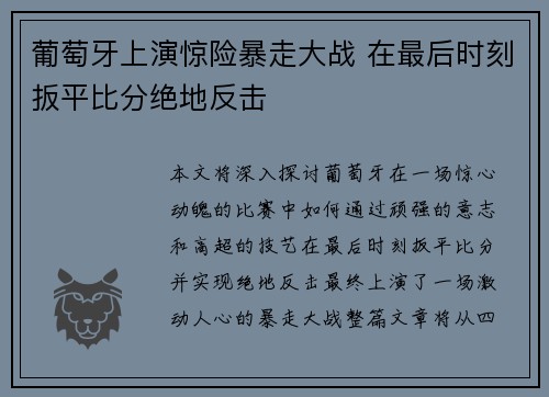 葡萄牙上演惊险暴走大战 在最后时刻扳平比分绝地反击