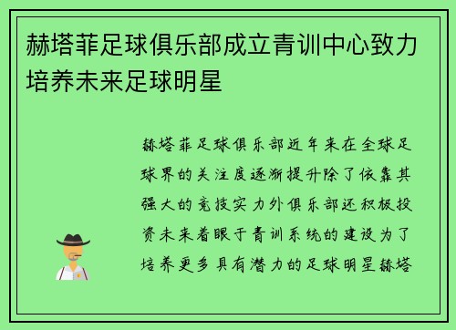 赫塔菲足球俱乐部成立青训中心致力培养未来足球明星